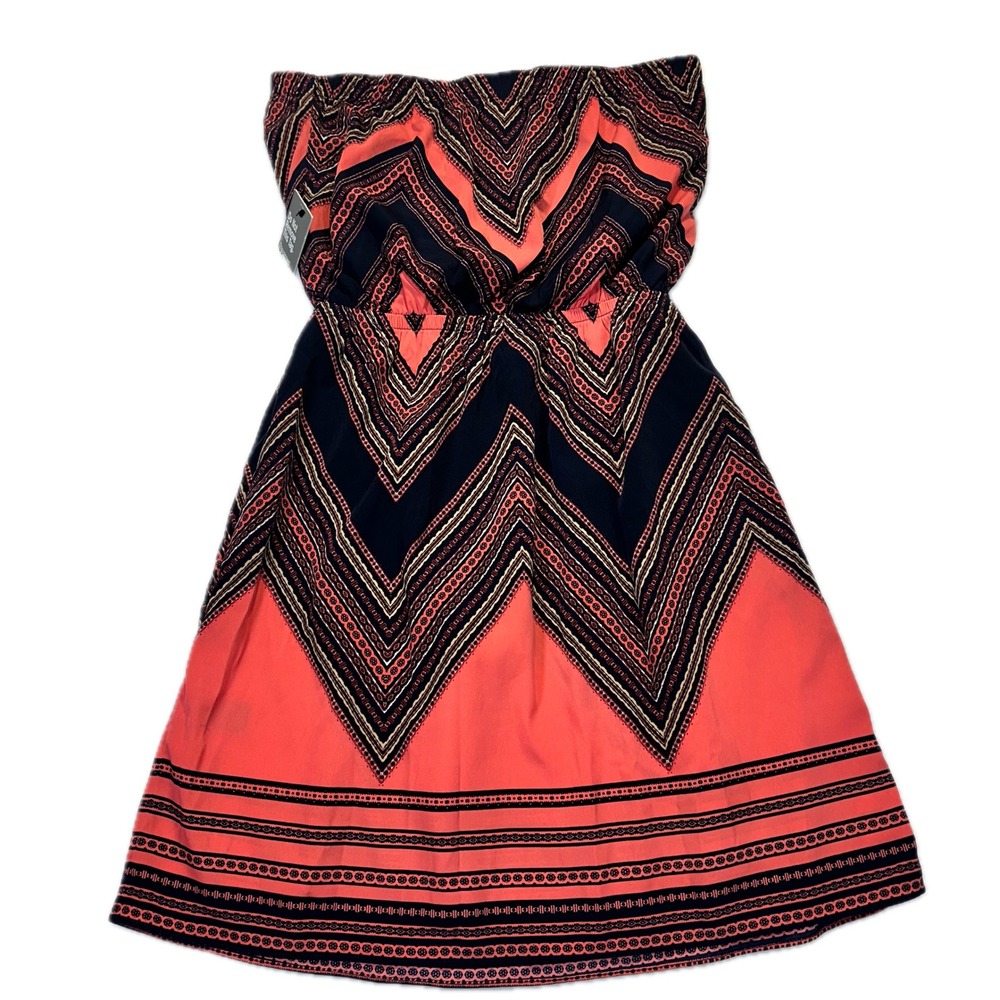Express Strapless Chevron Geometric Mini Dress Coral Navy Blue Size S‎ NWT